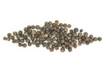 black peppercorns heap top view on white background.