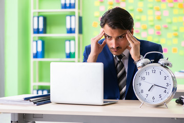 Businessman with many conflicting priorities in time management 