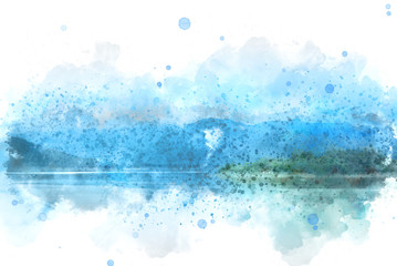 Abstract colorful mountain and field landscape on watercolor illustration painting background.