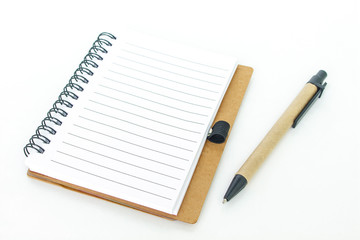 notebook right page and pen on white background.