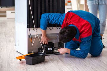 Man repairing fridge with customer