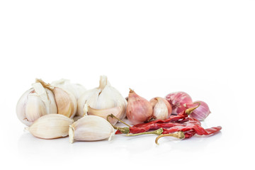 ingredients garlic, onion, chili food on white background
