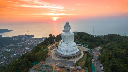 Stunning panoramic view Phuket white big Buddha landmark of Phuket island can see from distance. .Phuket Big Buddha statue is one of the island most important and revered landmarks on the island. © Narong Niemhom