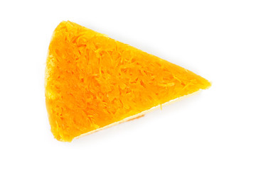 Slice of delicious orange cake on white background.
