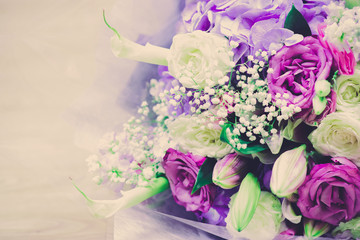 Close up Bridal bouquet White and pink, Colorful multiplicity roses background shallow depth of...