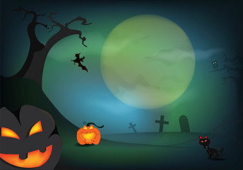 Fototapeta premium Halloween pumpkin and a graveyard with full moon in the dark night,Halloween day celebration concept,vector illustration design,eps10.