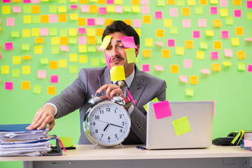 Businessman with many conflicting priorities in time management 