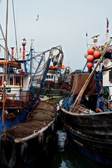 Fototapeta na wymiar Agadir / Morocco - JUN 20 2014: african fishing boats docked in a harbor next to the wholesale market