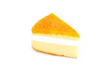 Slice of delicious orange cake on white background.