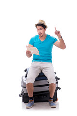 Traveler with much luggage isolated on white background