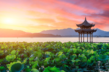 Hangzhou west lake jixian pavilion at sunset