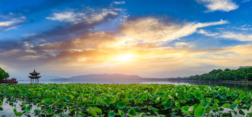 Hangzhou West Lake natural scenery at sunset,panoramic view