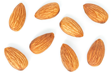 heap almonds top view on white background.