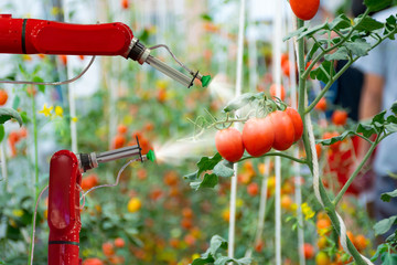 smart robotic farmers in agriculture futuristic robot automation to work to spray chemical...