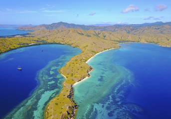 Beautiful view of Flores Island, Indonesia with dramatic blue sky.