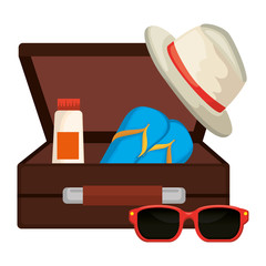 suitcase with summer hat and sunglasses