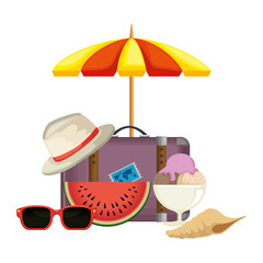 suitcase travel with umbrella and summer hat