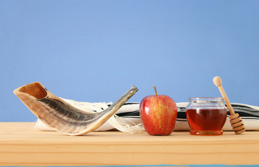 Rosh hashanah (jewish New Year holiday) concept. Traditional symbols.