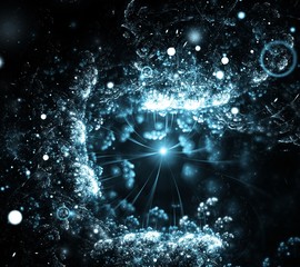 Abstract icy-blue sparkling underwater fractal background with spotlights on black background. Fractal art