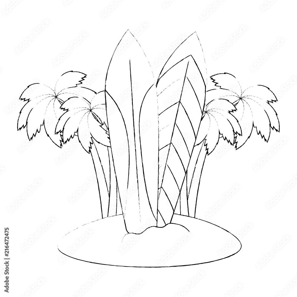 Sticker tree palms with surfboards scene