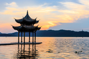 Hangzhou west lake jixian pavilion at sunset