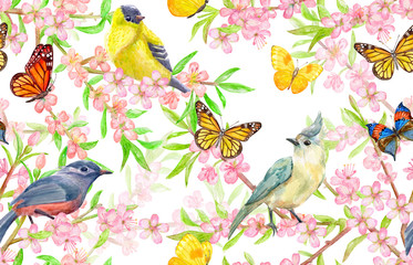 cute seamless pattern with birds on twigs of flowering cherry and butterflies. watercolor painting