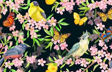 Naklejka premium fashion seamless pattern with birds on twigs of flowering cherry and butterflies. watercolor painting