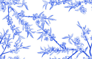 monochrome seamless texture with blossom branches of almond. watercolor pai