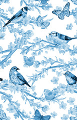 Naklejka premium monochrome seamless banner with flowering cherry and birds. watercolor painting