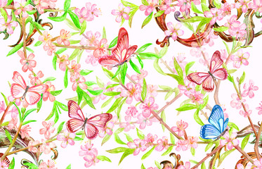 vintage seamless texture with blossom branches of almond. watercolor painting