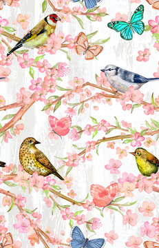fancy seamless pattern with birds on twigs of flowering cherry and butterflies. watercolor painting
