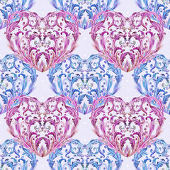 romantic seamless texture with fancy floral hearts. watercolor painting
