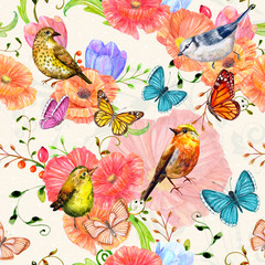 Fototapeta premium fancy seamless texture with flowers and birds. watercolor painting