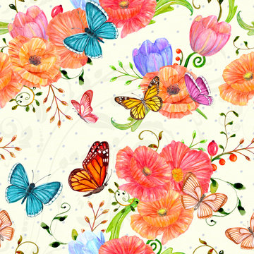pretty seamless texture with poppies and butterflies. watercolor painting