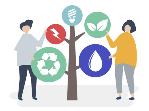 Characters of people and a tree of environmental icons illustration