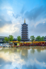 The pagoda of the ancient canal Wharf in Huaian, China