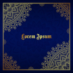 Greeting card, invitation or flyer template with golden mandala ornament. Hand drawn vector illustration