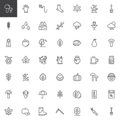 Autumn elements outline icons set. linear style symbols collection, line signs pack. vector graphics. Set includes icons as Mushroom, Glove, Maple Leaf, Wheat, Rain, Storm, Raincoat, Acorn Hedgehog