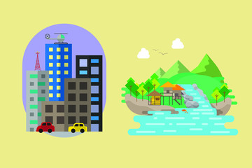 downtown and countryside flat style vector illustration