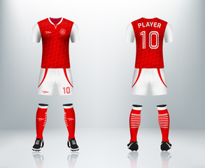 3D realistic mock up of front and back of soccer jersey shirt. Concept for red soccer team uniform or football apparel mockup design in vector illustration.