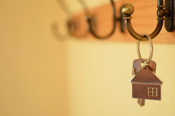Keys with house shaped keychain hanging on hook on yellow blurred wall background with copy space for text at shallow depth of field. Real estate, buying and moving new home or renting property concep