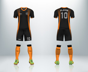 3D realistic mock up of front and back of soccer jersey shirt. Concept for black soccer team uniform or football apparel mockup design in vector illustration.
