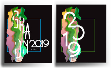 2019 new year greeting cards with abstract liquid design elements and numbers. Vector illustration