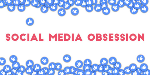 Social media obsession. Social media icons in abstract shape background with scattered thumbs up. 