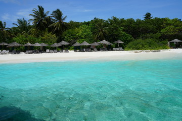 View of a beautiful beach with turquoise water in Baa Atoll, Maldives