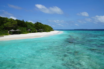 View of a beautiful beach with turquoise water in Baa Atoll, Maldives