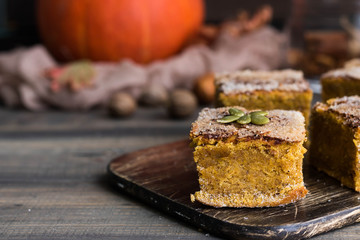 Homemade pumpkin bars with sugar-cinnamon crust