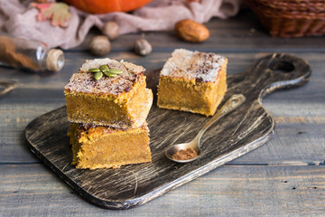 Homemade pumpkin bars with sugar-cinnamon crust