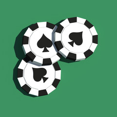 Black and White Casino Chips on Isolated Green Background - 3D Illustration