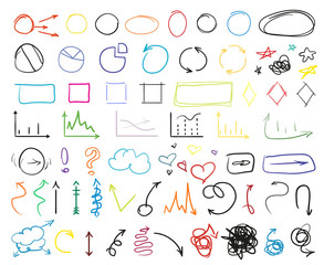 Big set of different signs. Hand drawn simple elements. Doodles for design. Line art. Infographic elements on white. Abstract circles, arrows and rectangle frames. Symbols for design and work